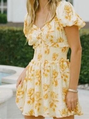 Sabo Skirt Cream Mini Dress with Yellow Floral Print